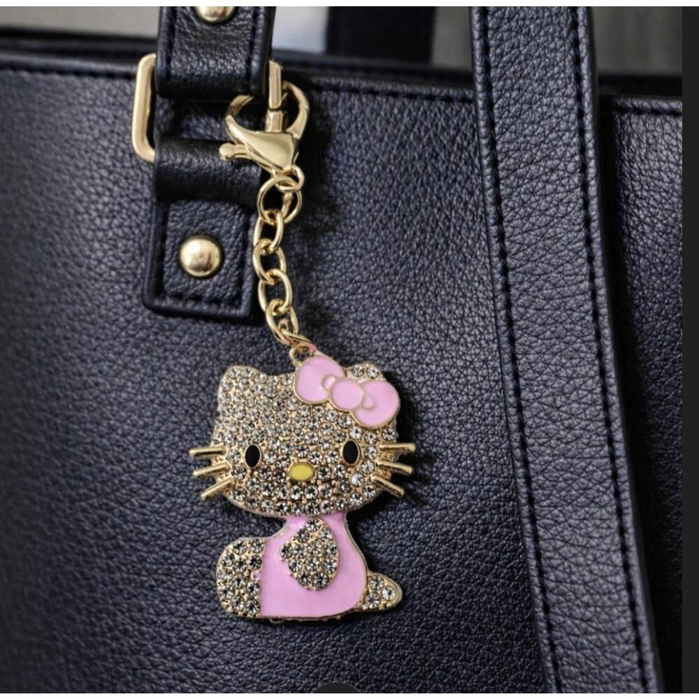 Hello Kittty Gold Rhinestone Pink Bag Charm Key Chain New